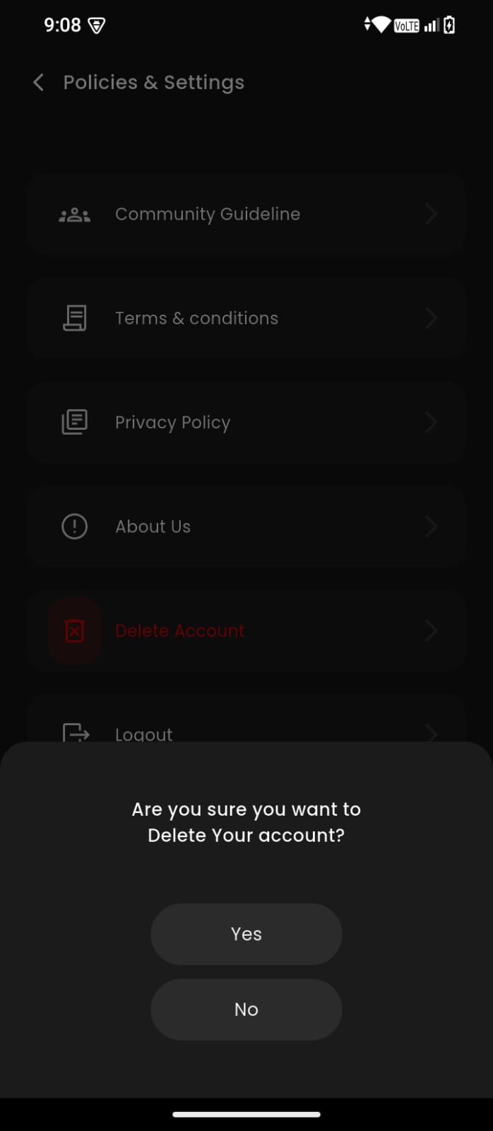 Delete account confirmation dialog