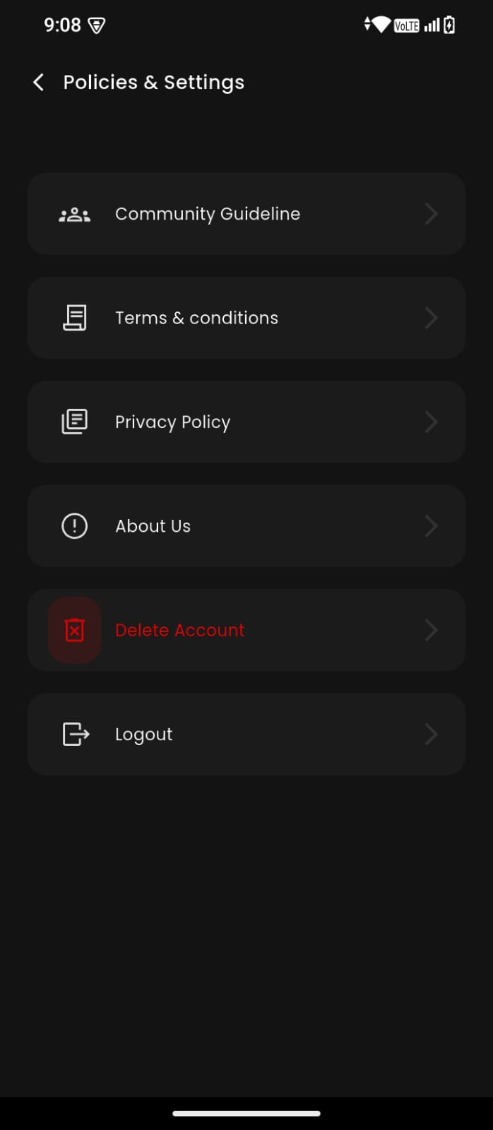 Policies & Settings screen showing delete account option